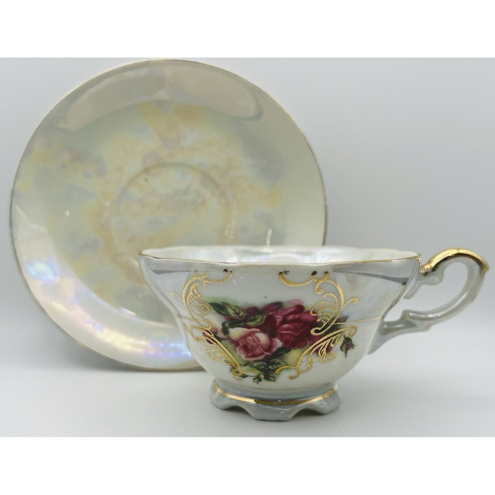 Vintage Japan Teacup Saucer Iridescent Lusterware Floral Roses Gold Gilt Set